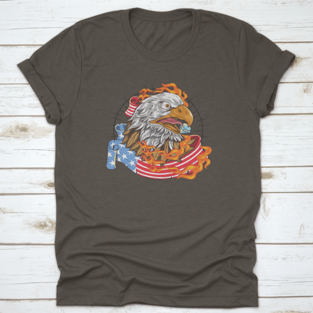 A stylish t-shirt featuring a flaming eagle with a diamond on its beak, showcasing a patriotic design.
